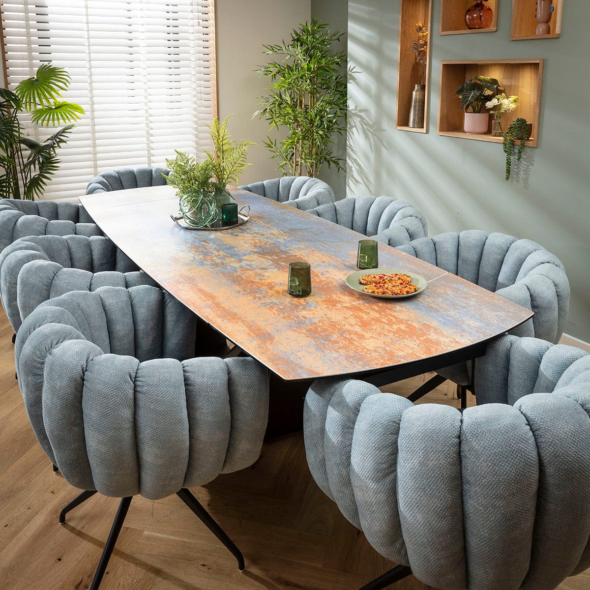 Ensemble de salle à manger extensible 8 places Maisy &amp; Zelda, grand modèle, en céramique bleue rustique