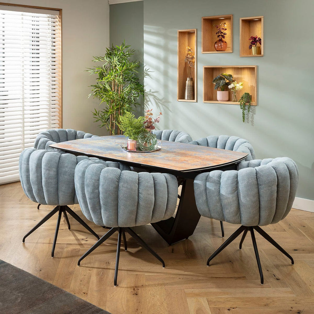 Ensemble de salle à manger extensible 6 places Maisy &amp; Zelda, style moderne, en céramique bleue rustique