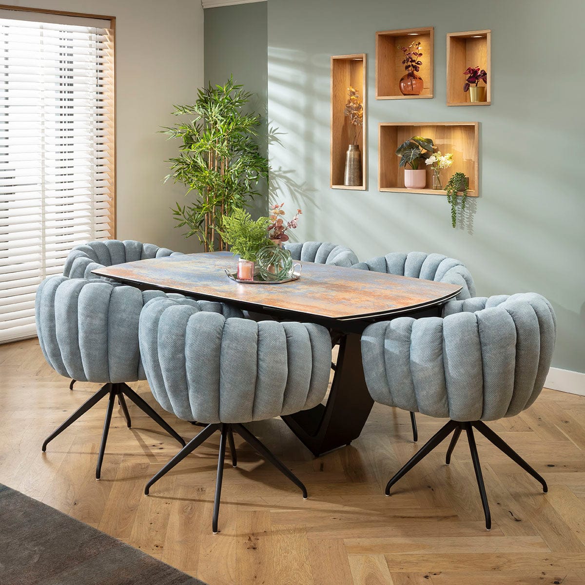 Ensemble de salle à manger extensible 6 places Maisy &amp; Zelda, style moderne, en céramique bleue rustique