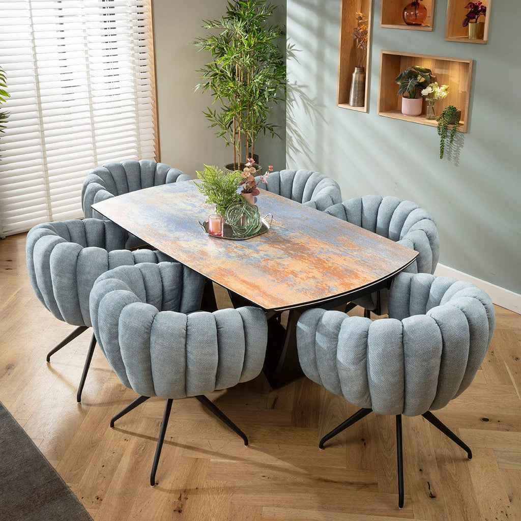 Ensemble de salle à manger extensible 6 places Maisy &amp; Zelda, style moderne, en céramique bleue rustique