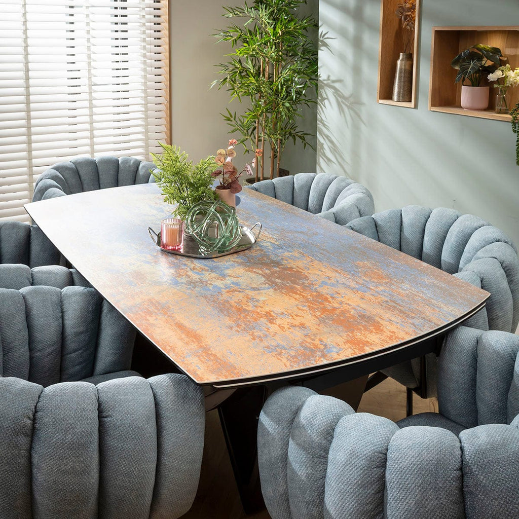 Ensemble de salle à manger extensible 6 places Maisy &amp; Zelda, style moderne, en céramique bleue rustique