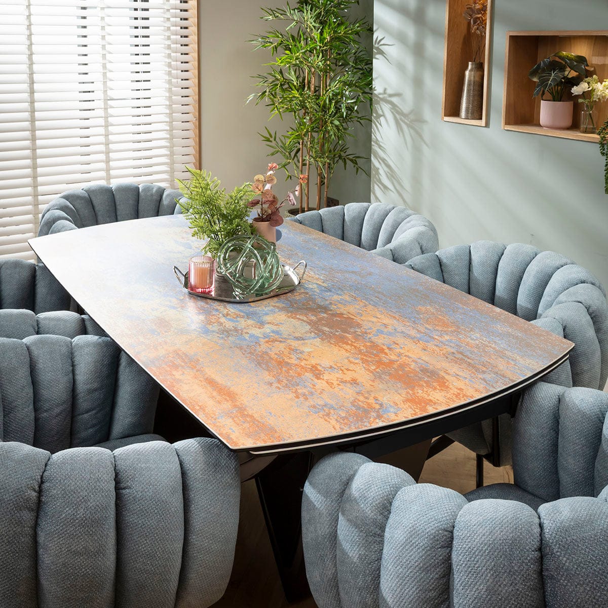 Ensemble de salle à manger extensible 6 places Maisy &amp; Zelda, style moderne, en céramique bleue rustique