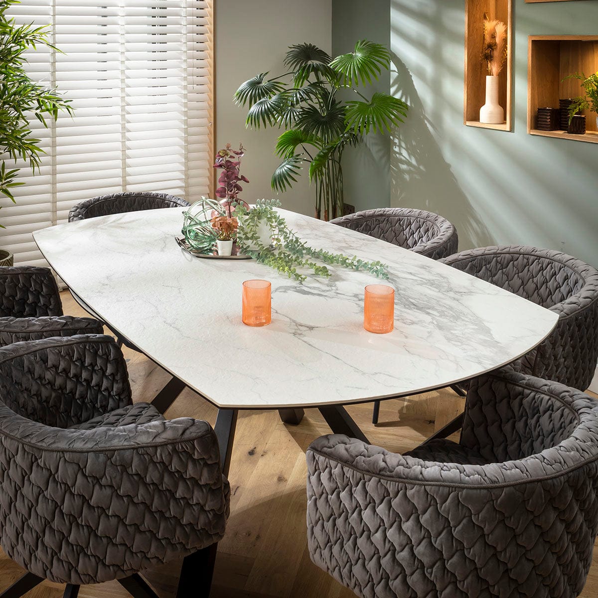 Ensemble de salle à manger rond extensible 6 places Maple &amp; Rudie en céramique grise et blanche mate