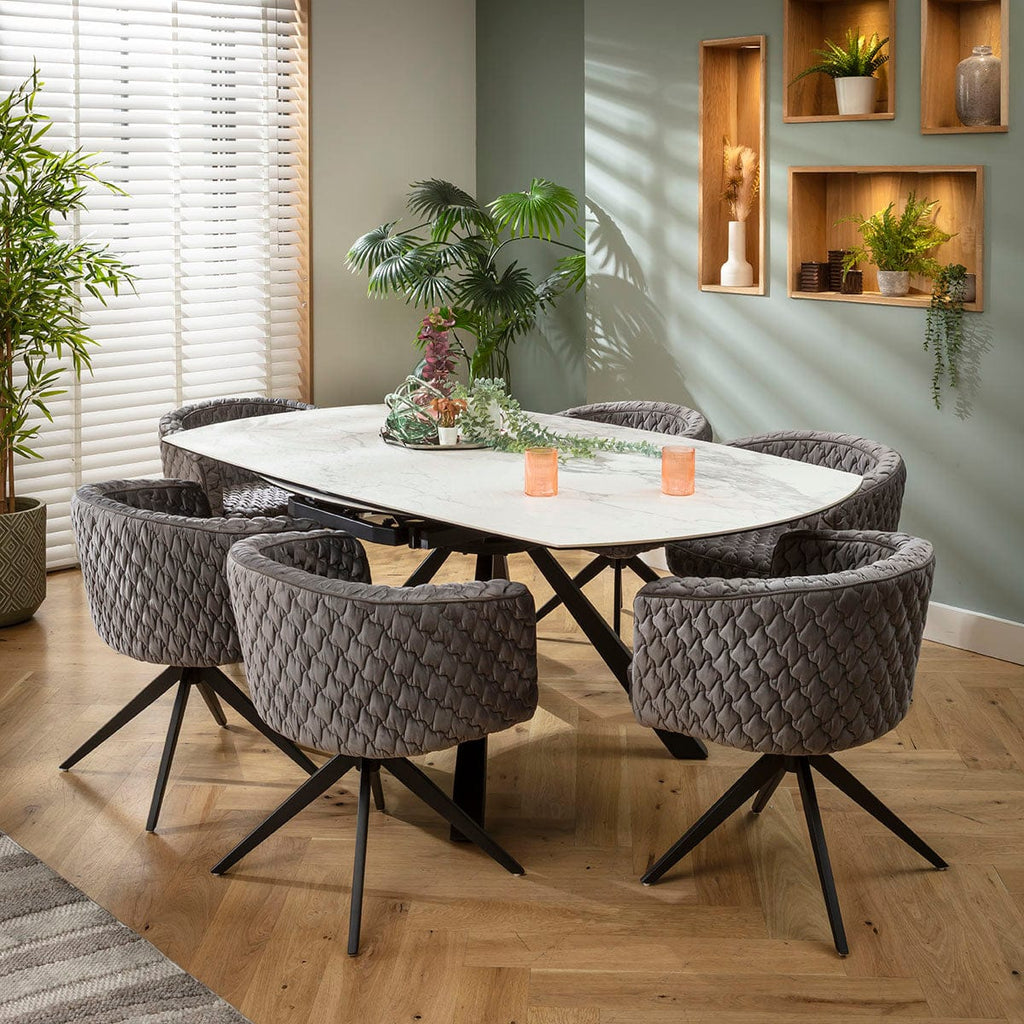 Ensemble de salle à manger rond extensible 6 places Maple &amp; Rudie en céramique grise et blanche mate