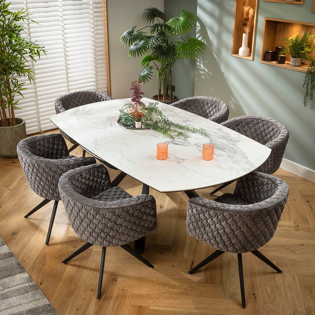 Ensemble de salle à manger rond extensible 6 places Maple &amp; Rudie en céramique grise et blanche mate