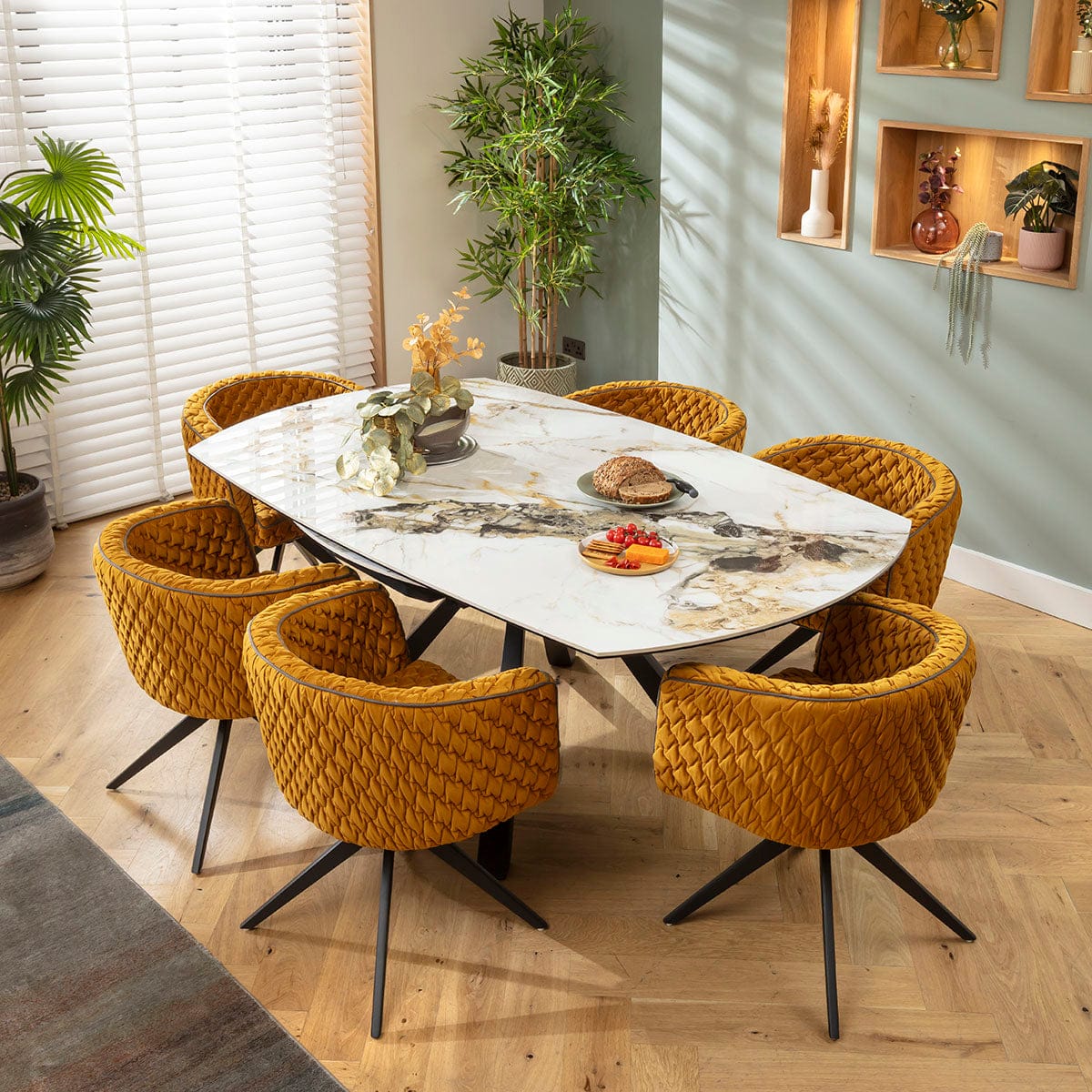 Ensemble de salle à manger rond extensible 6 places Maple &amp; Rudie, céramique jaune moutarde et blanche