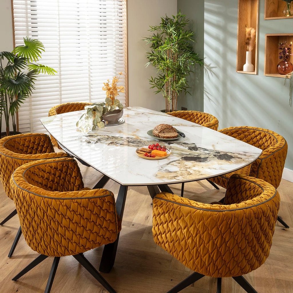 Ensemble de salle à manger rond extensible 6 places Maple &amp; Rudie, céramique jaune moutarde et blanche