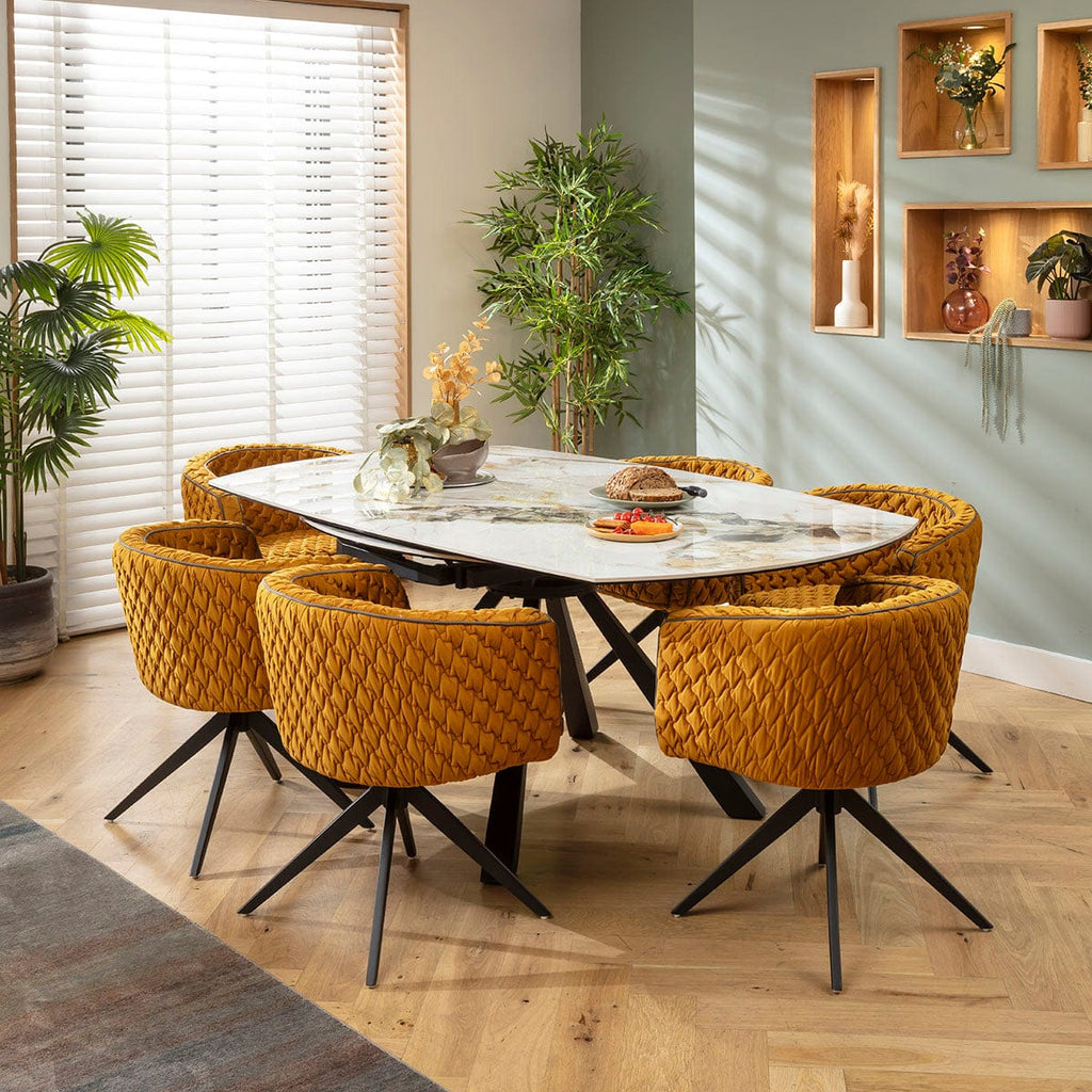 Ensemble de salle à manger rond extensible 6 places Maple &amp; Rudie, céramique jaune moutarde et blanche