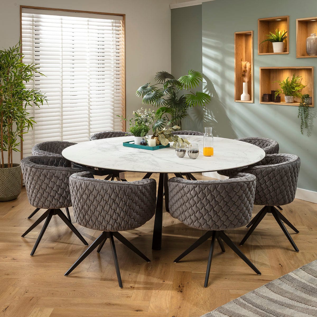 Ensemble de salle à manger rond extensible 8 places Maple &amp; Rudie, céramique grise et blanche mate