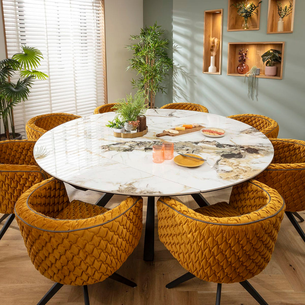 Ensemble de salle à manger rond extensible 6 places Maple &amp; Rudie, céramique jaune moutarde et blanche