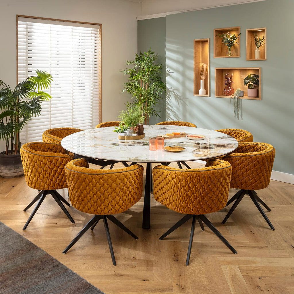 Ensemble de salle à manger rond extensible 6 places Maple &amp; Rudie, céramique jaune moutarde et blanche