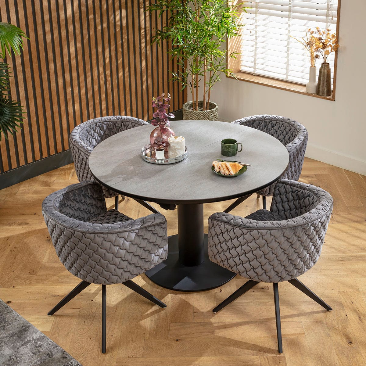 Ensemble de salle à manger rond extensible 4 places Maple &amp; Venus en céramique grise