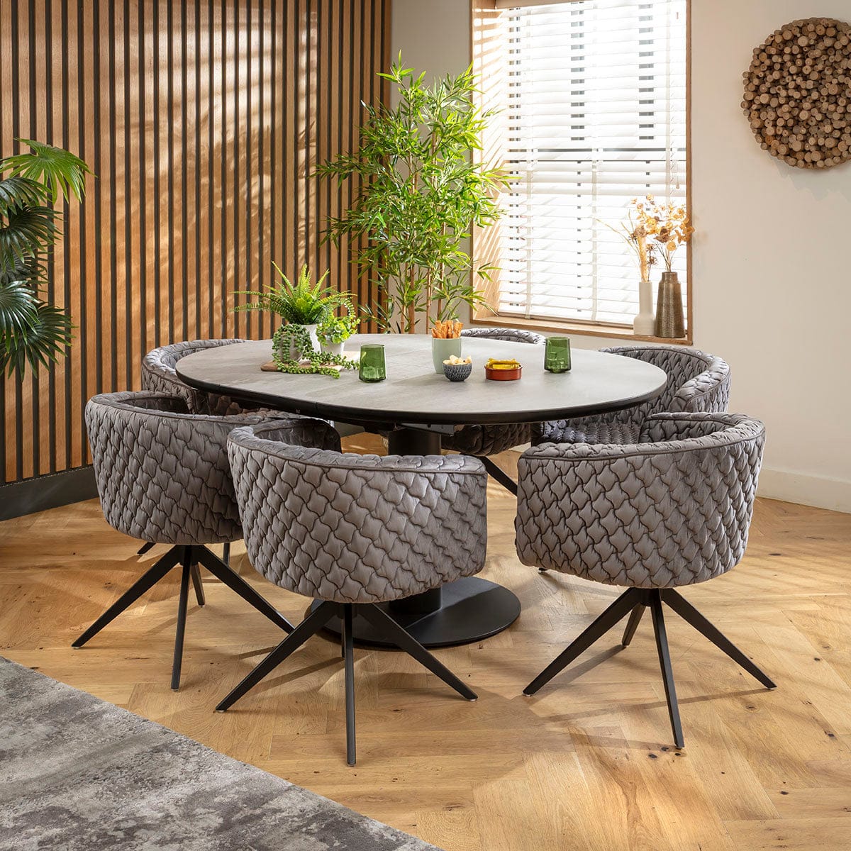 Ensemble de salle à manger rond extensible 6 places Maple &amp; Venus en céramique grise