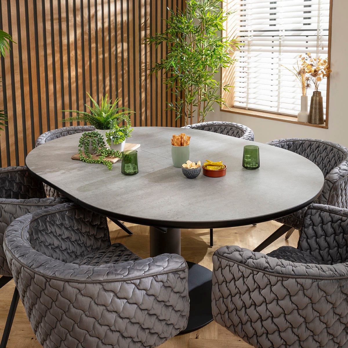 Ensemble de salle à manger rond extensible 6 places Maple &amp; Venus en céramique grise