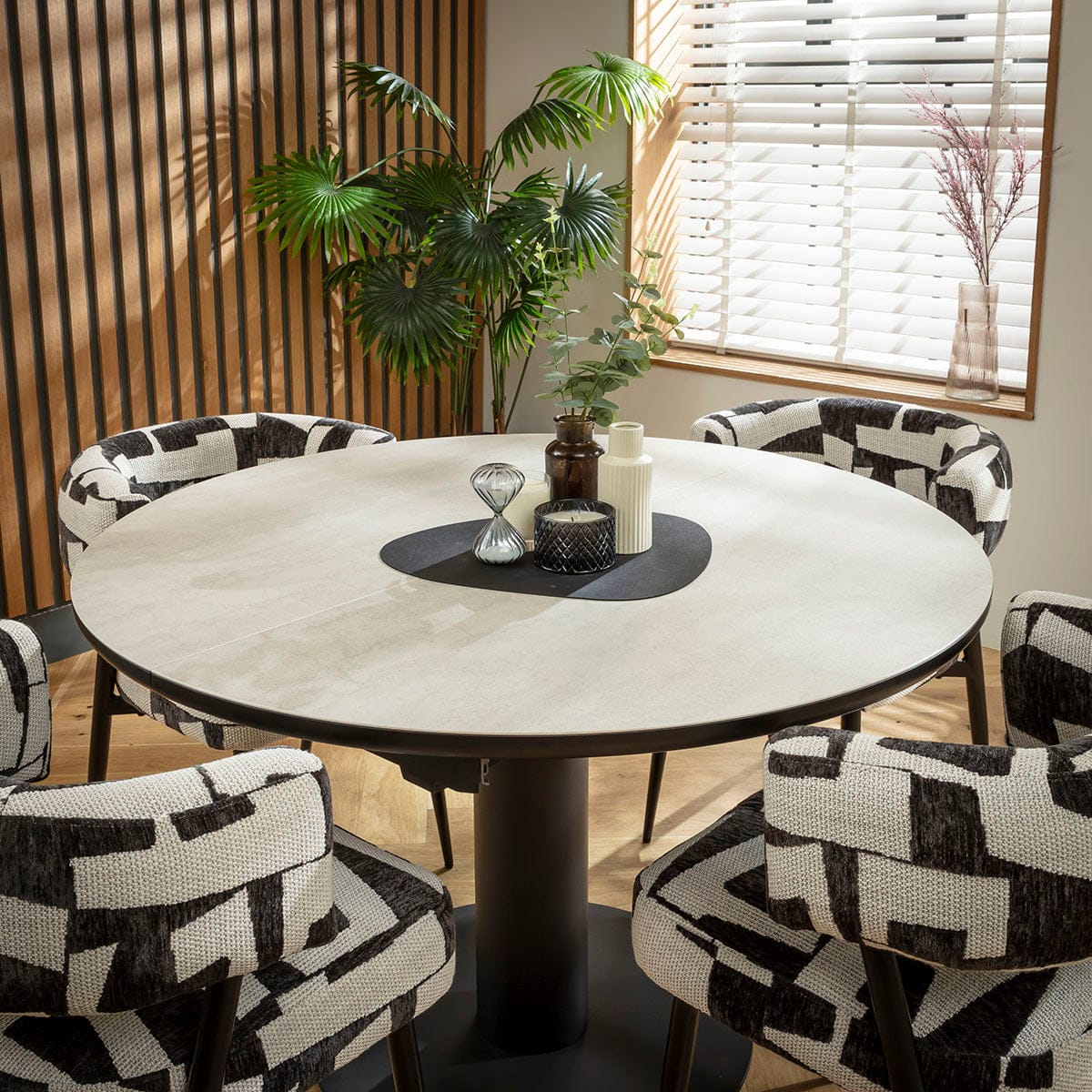 Ensemble de salle à manger rond extensible 4 places Mila &amp; Venus en céramique noire et gris clair