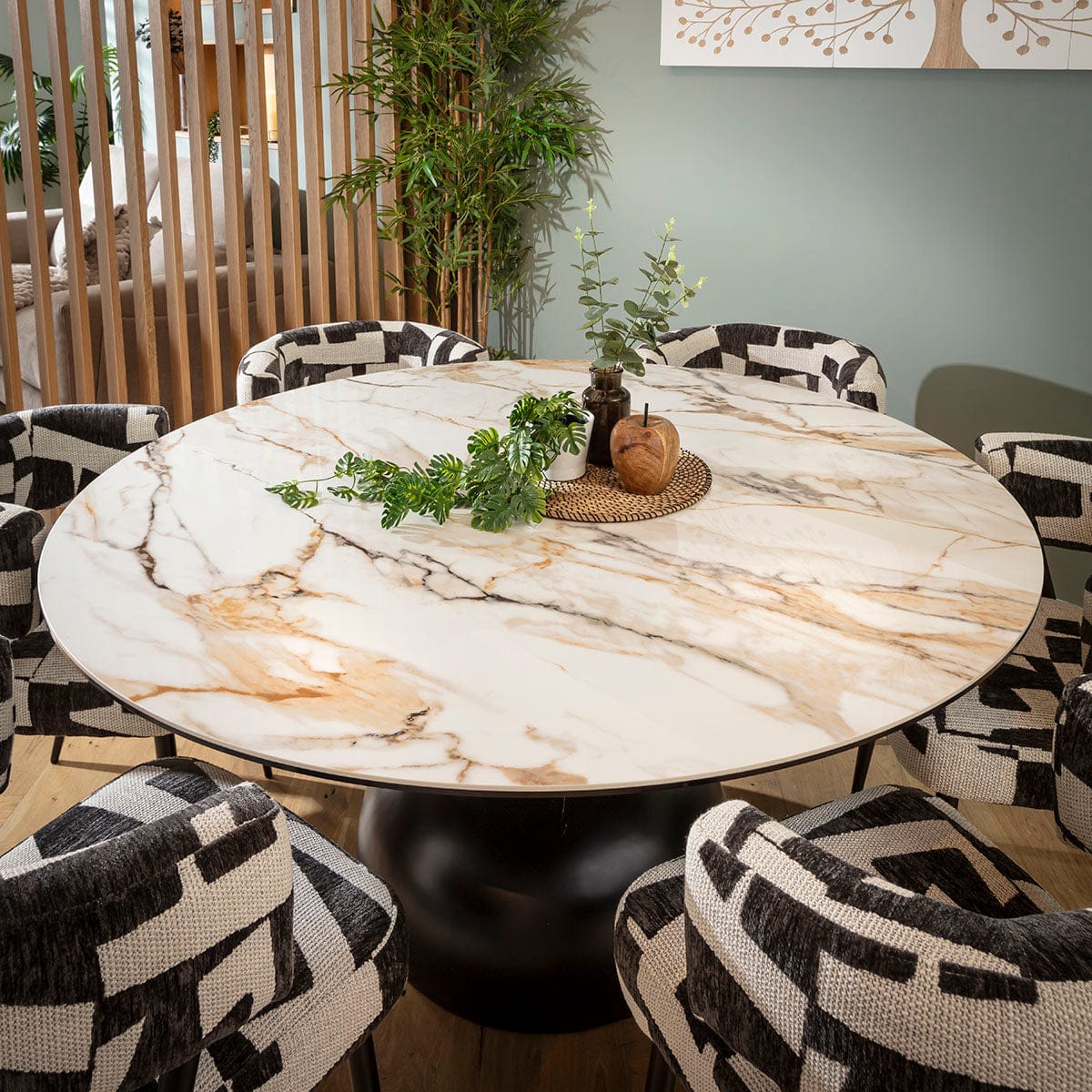 Ensemble de salle à manger rond moderne 6 places Mila &amp; Venusia en céramique noire et blanche