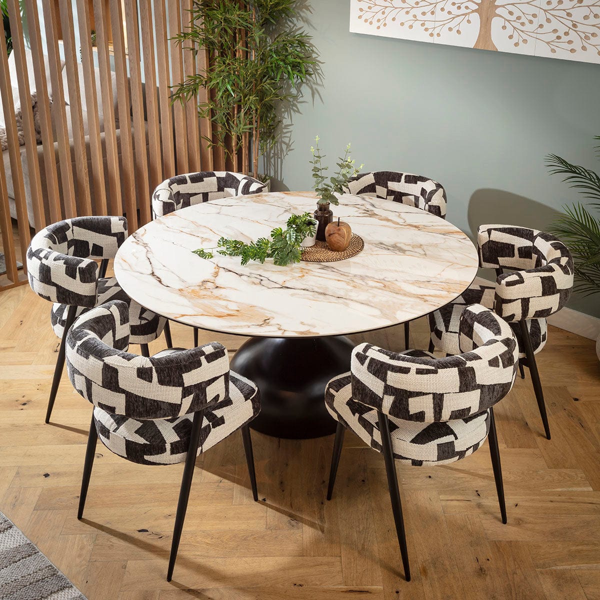 Ensemble de salle à manger rond moderne 6 places Mila &amp; Venusia en céramique noire et blanche