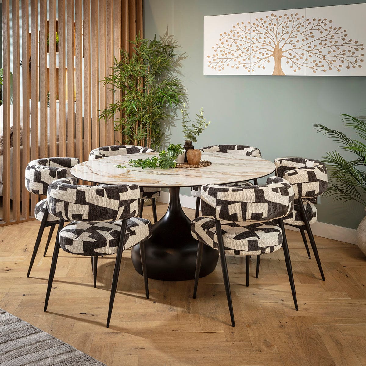 Ensemble de salle à manger rond moderne 6 places Mila &amp; Venusia en céramique noire et blanche