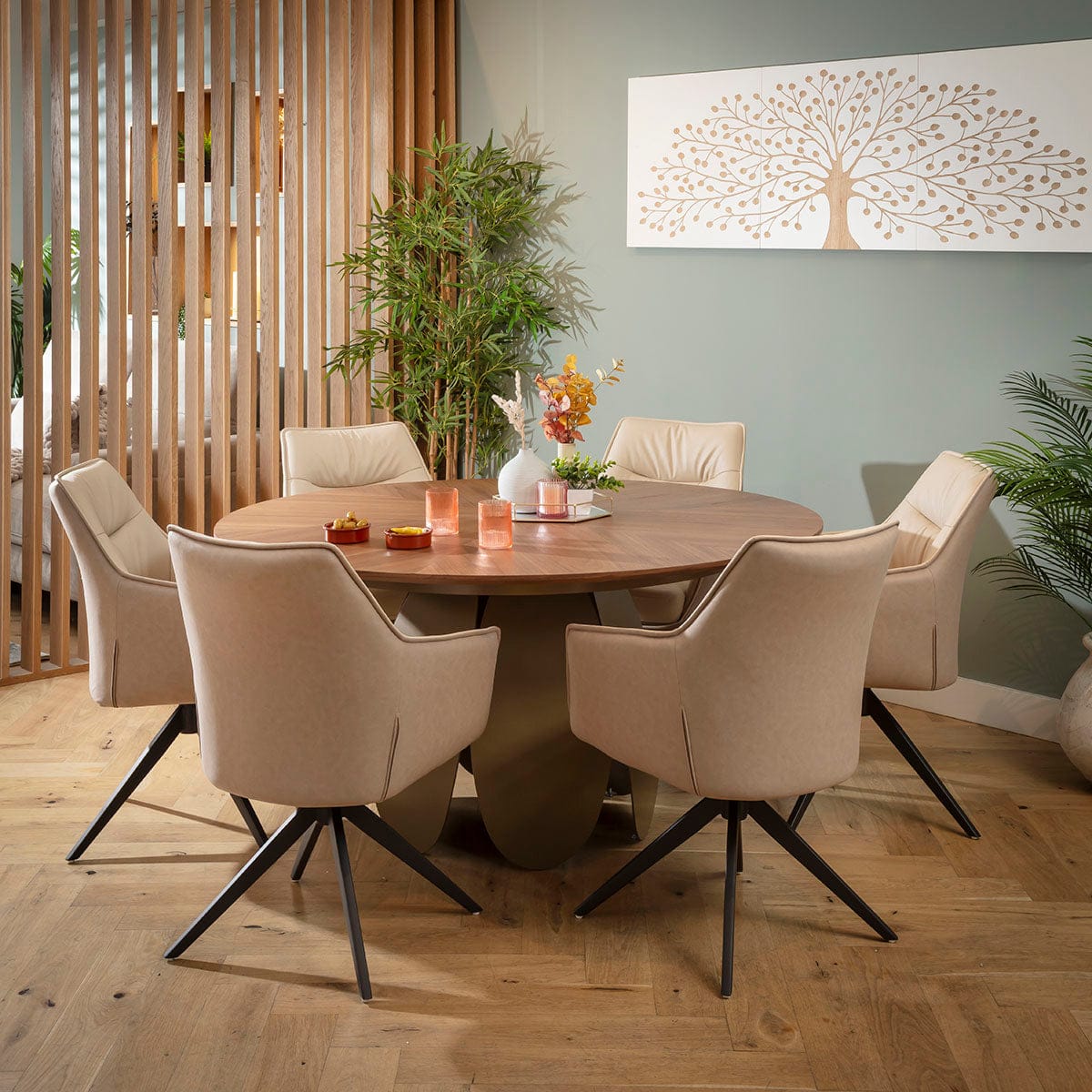 Ensemble de salle à manger rond moderne 6 places Millie &amp; Phoenix, crème et noyer