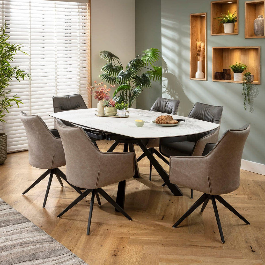 Ensemble de salle à manger rond extensible 6 places Millie &amp; Rudie en céramique grise et blanche mate
