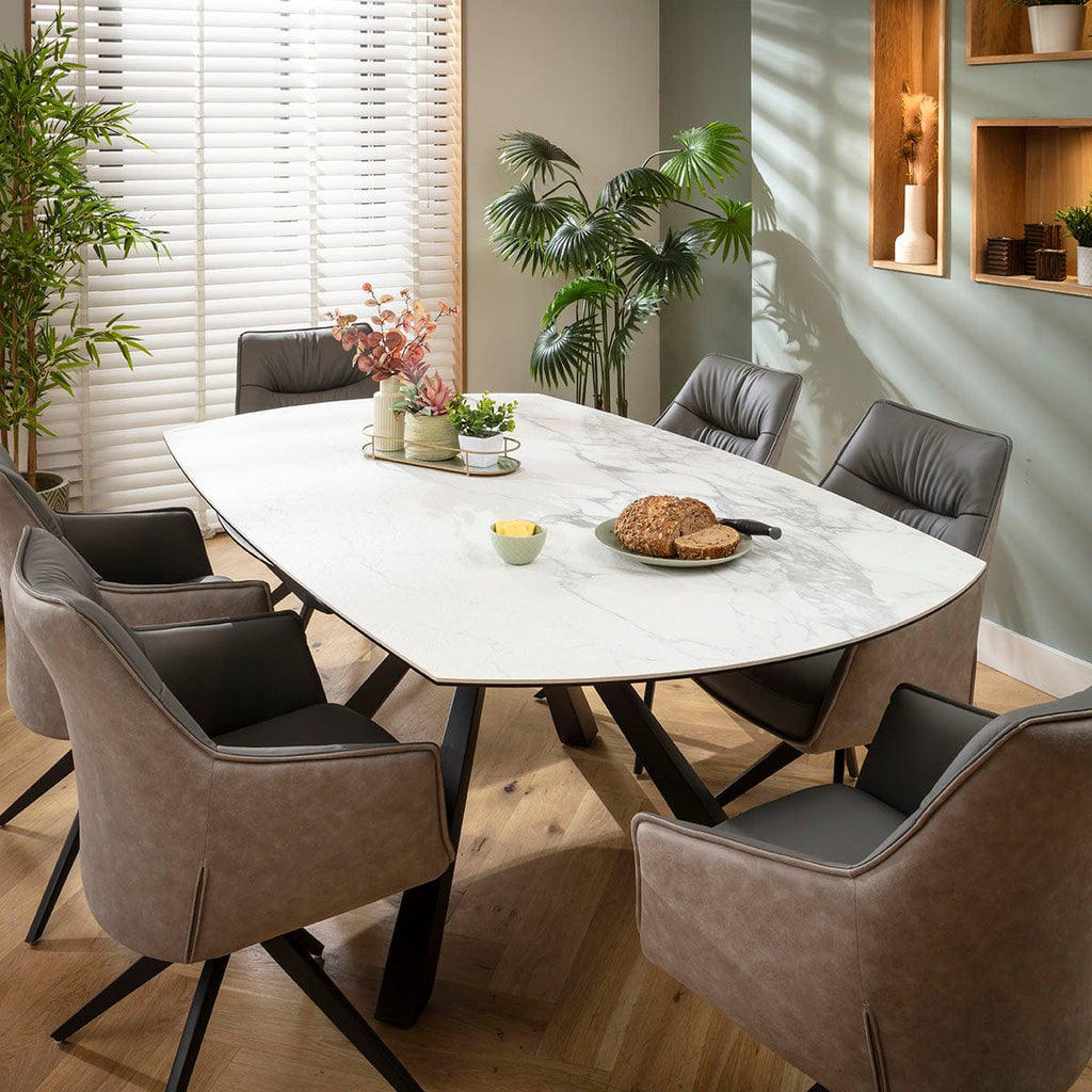 Ensemble de salle à manger rond extensible 6 places Millie &amp; Rudie en céramique grise et blanche mate