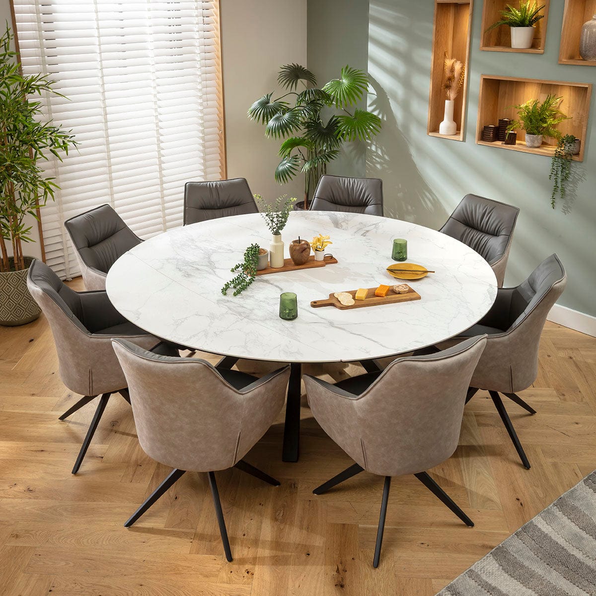 Ensemble de salle à manger rond extensible 8 places Millie &amp; Rudie, céramique grise et blanche mate