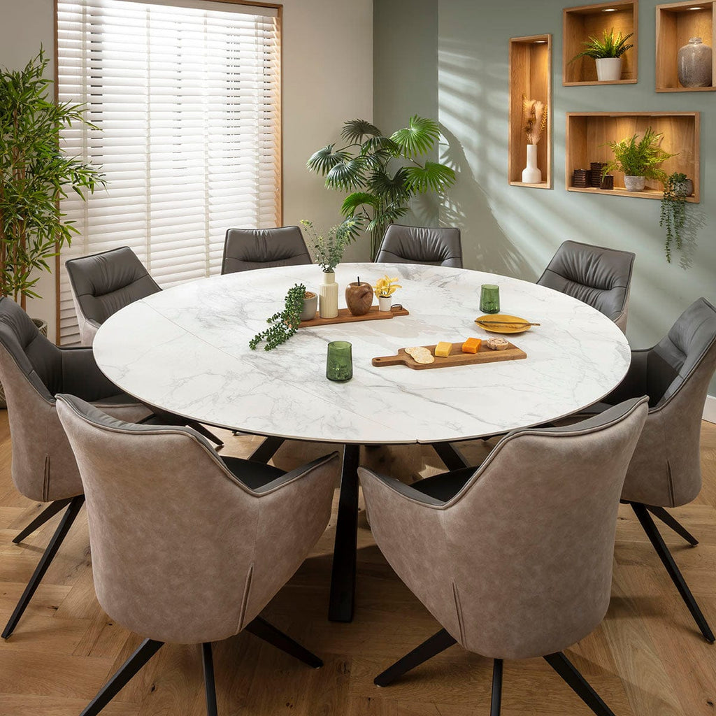 Table de salle à manger ronde extensible Rudie, céramique blanche mate, 115-190 cm