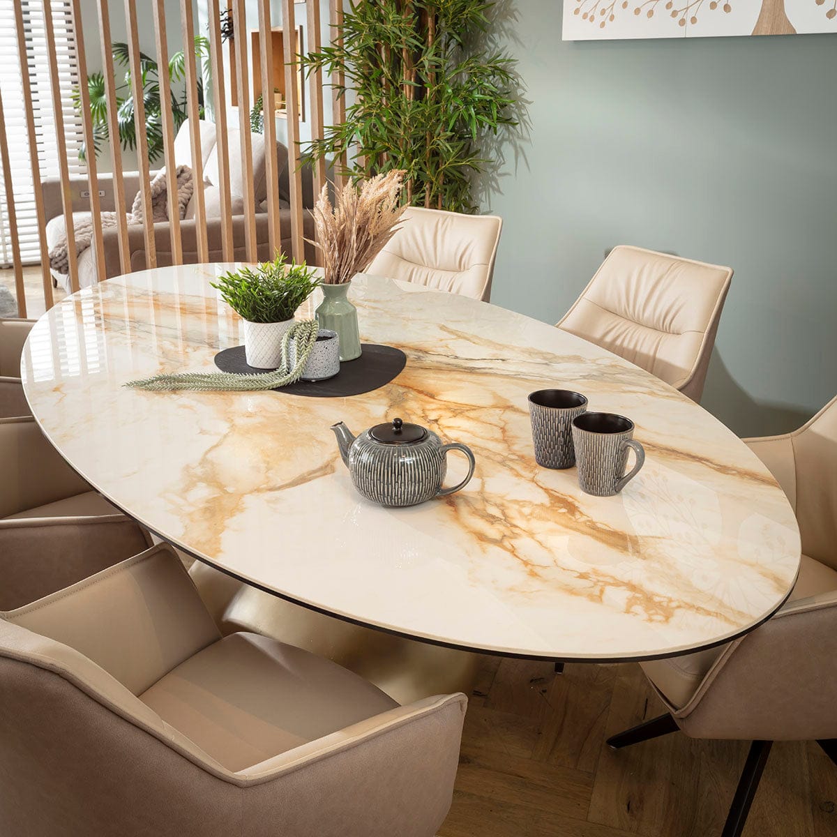 Ensemble de salle à manger ovale 6 places Millie &amp; Venusia Luxury, céramique crème et blanche