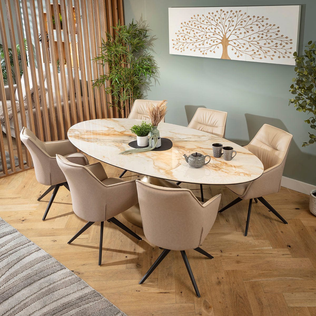 Ensemble de salle à manger ovale 6 places Millie &amp; Venusia Luxury, céramique crème et blanche