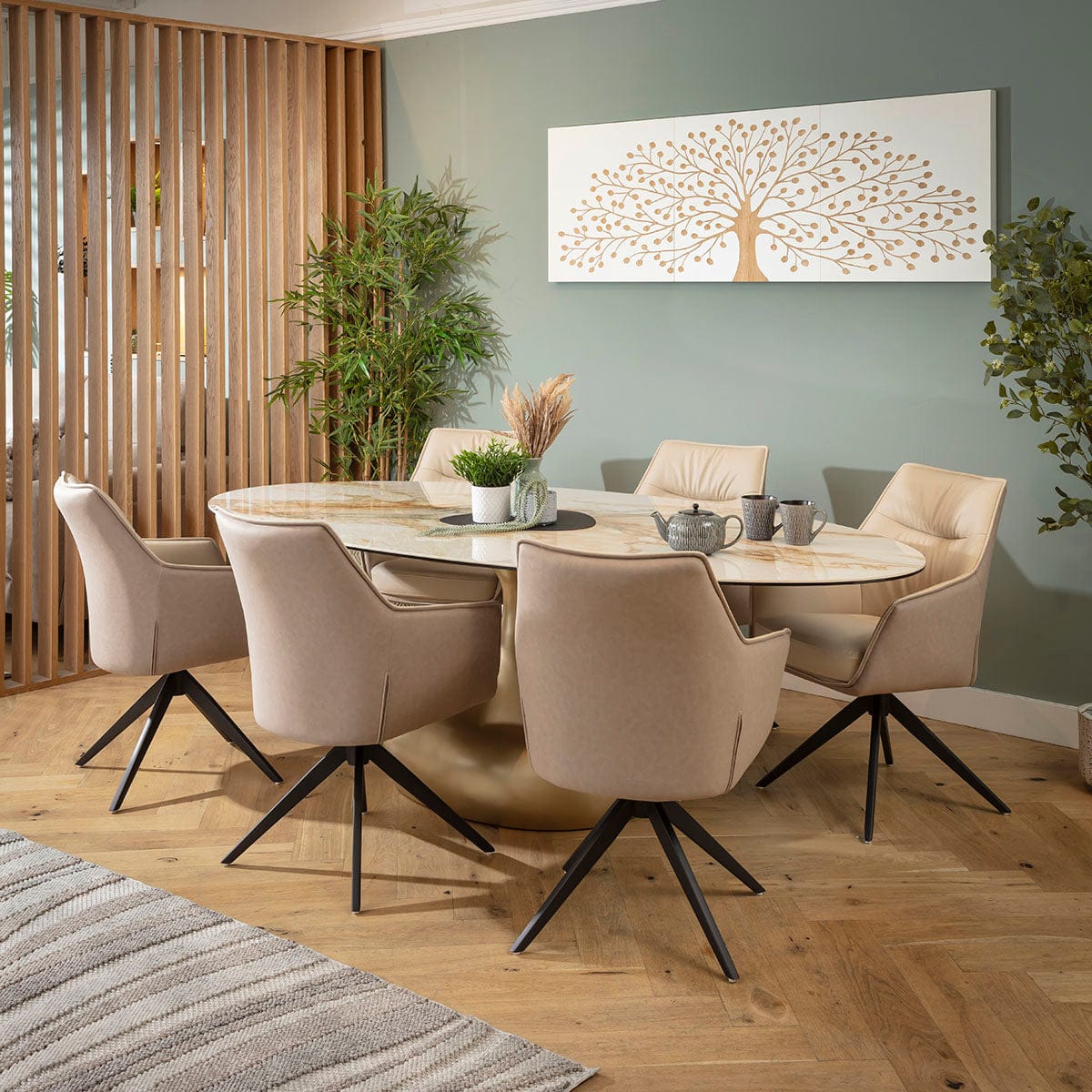 Ensemble de salle à manger ovale 6 places Millie &amp; Venusia Luxury, céramique crème et blanche