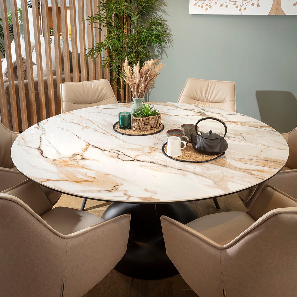Table de salle à manger ronde Venusia 6 places en céramique effet marbre blanc et noir 150 cm