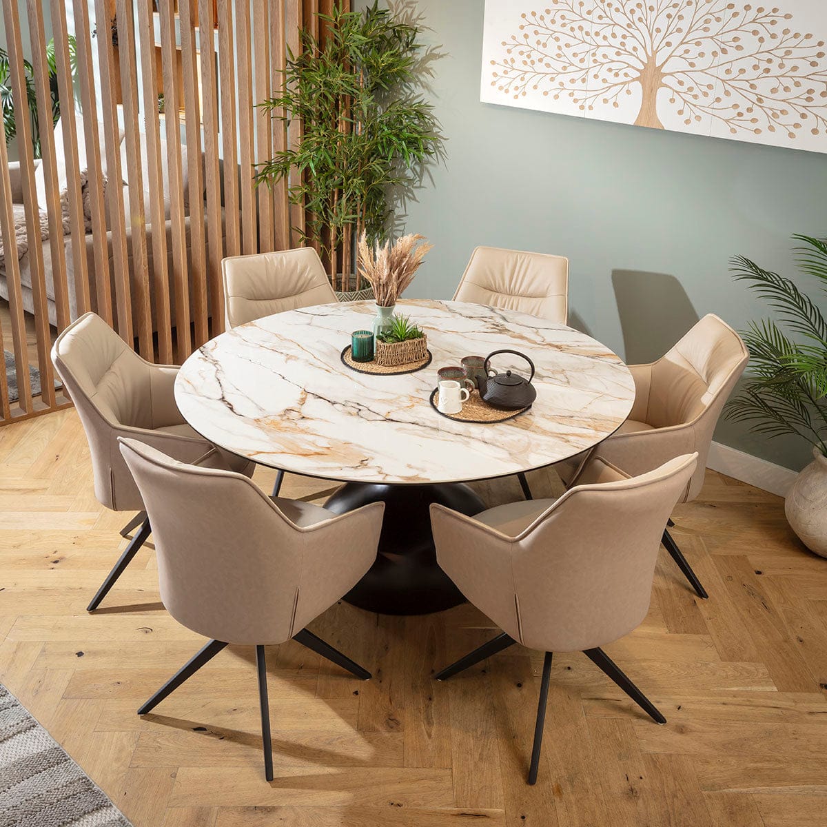 Ensemble de salle à manger rond moderne 6 places Millie &amp; Venusia en céramique crème et blanche