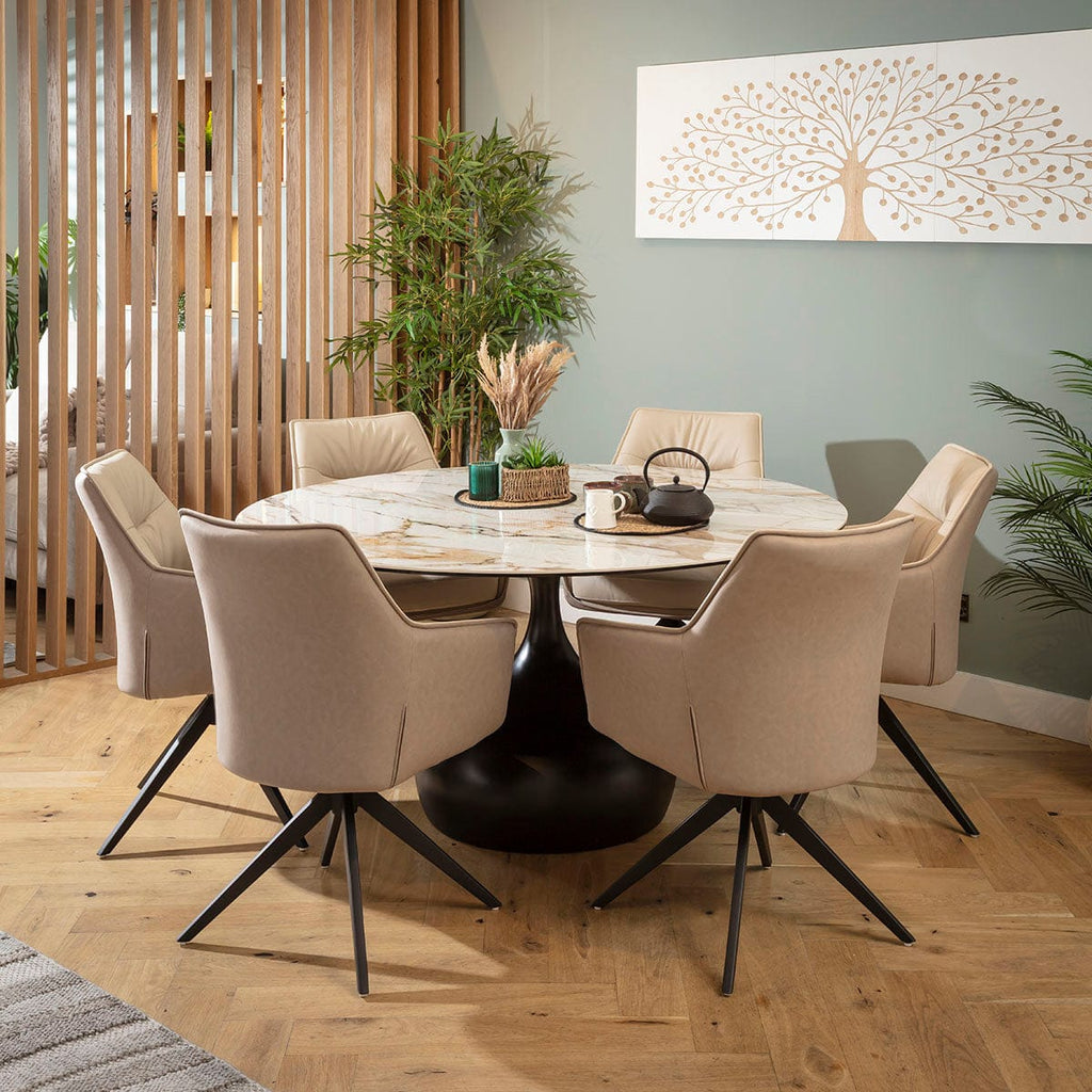 Ensemble de salle à manger rond moderne 6 places Millie &amp; Venusia en céramique crème et blanche