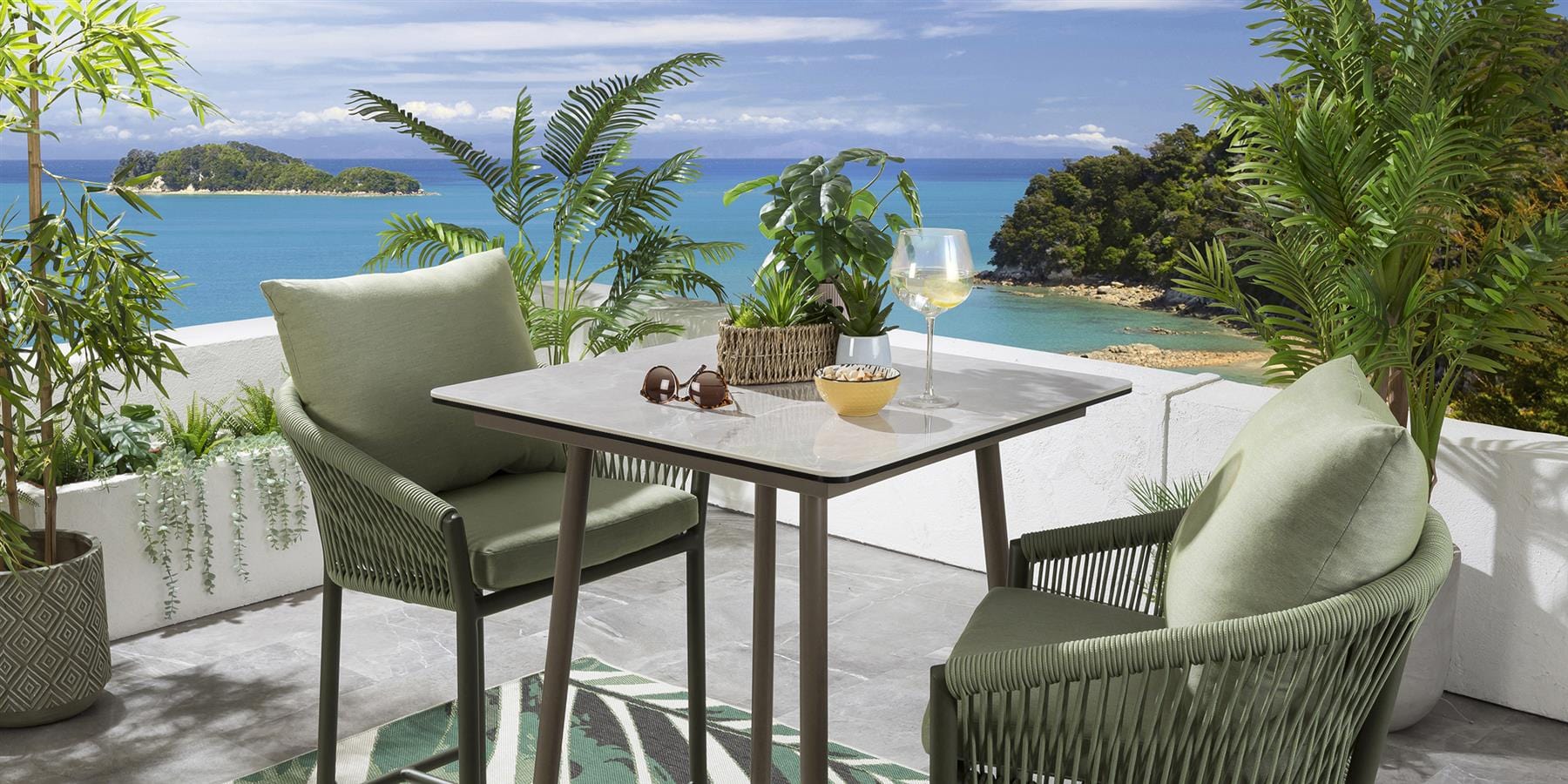 Ensemble bar de jardin extérieur Cole 2 places en céramique, vert et beige