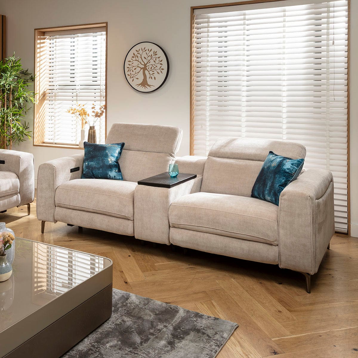 Canapé inclinable moderne Florance 2 places avec console de rangement, gris mastic, 243 x 105 cm