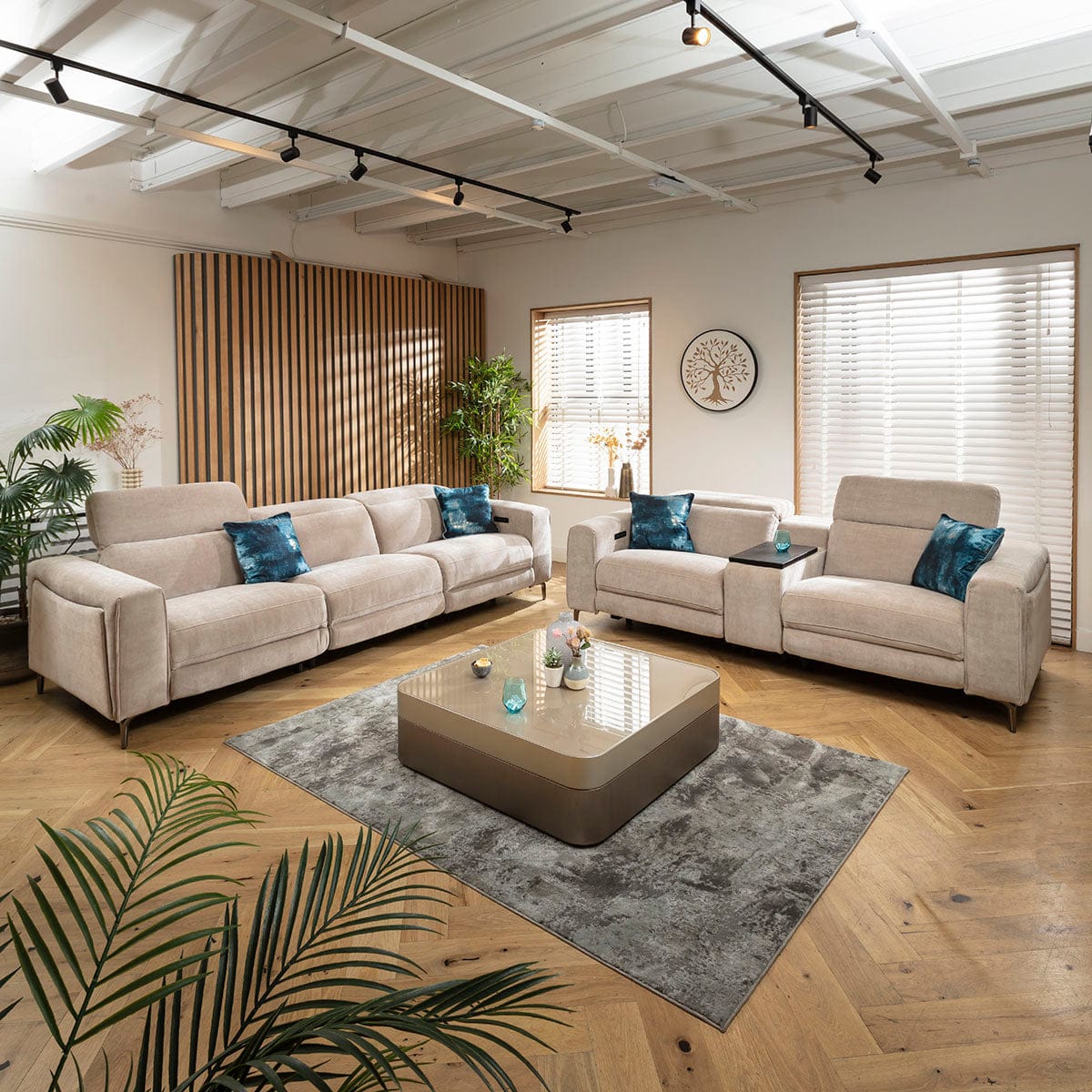 Ensemble canapé 3 et 2 places Florance Modern avec console de rangement, gris mastic