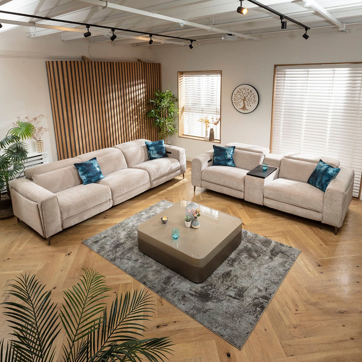 Ensemble canapé inclinable moderne Florance 3 et 2 places avec console de rangement, gris mastic