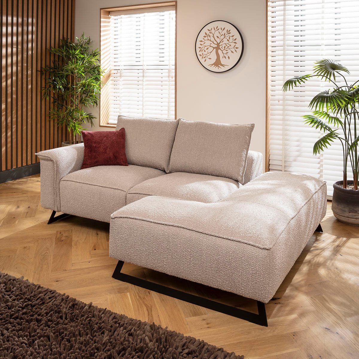 Canapé méridienne 3 places Effie, petit modèle, en boucle beige ivoire, 230 x 155 cm