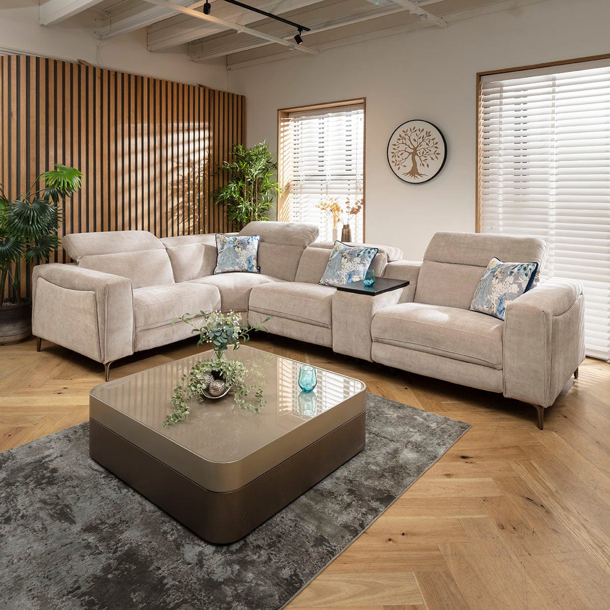 Canapé d'angle inclinable 4 places Florance avec console de rangement, gris mastic, 342 x 227 cm