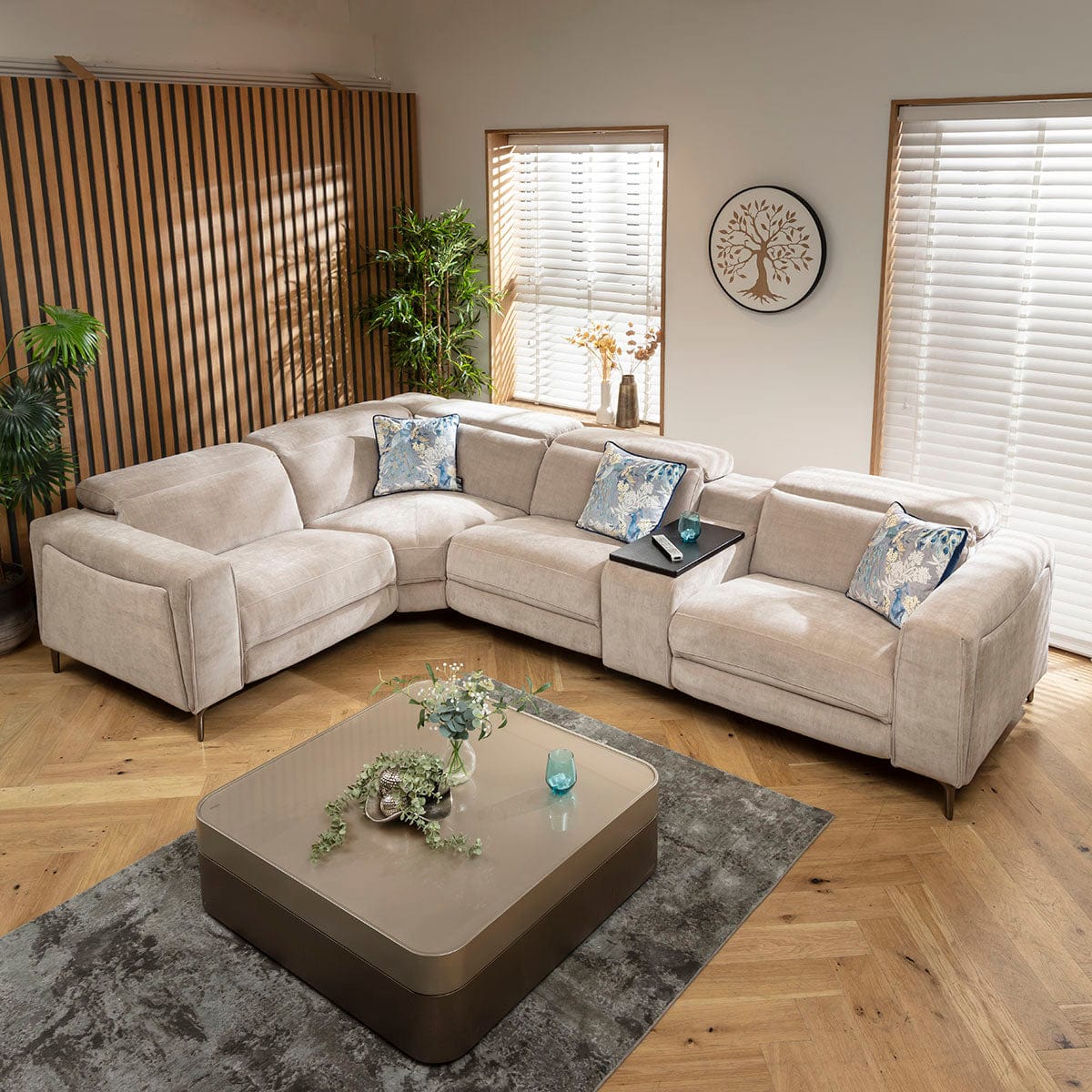 Canapé d'angle inclinable 4 places Florance avec console de rangement, gris mastic, 342 x 227 cm