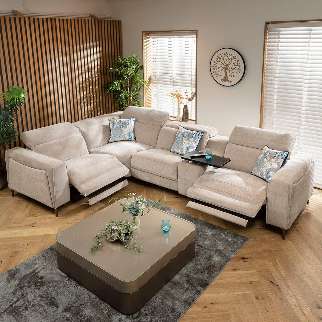 Canapé d'angle inclinable 4 places Florance avec console de rangement, gris mastic, 342 x 227 cm