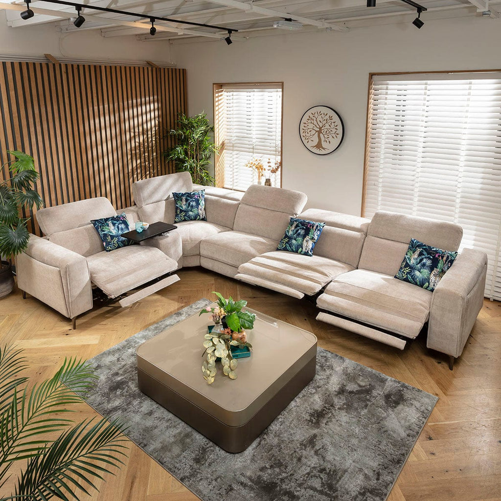 Canapé d'angle Florance 5 places avec 3 fauteuils inclinables et console de rangement, gris mastic, 391 x 260 cm