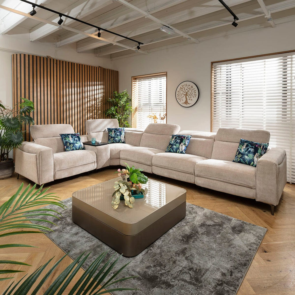 Canapé d'angle Florance 5 places avec 3 fauteuils inclinables et console de rangement, gris mastic, 391 x 260 cm