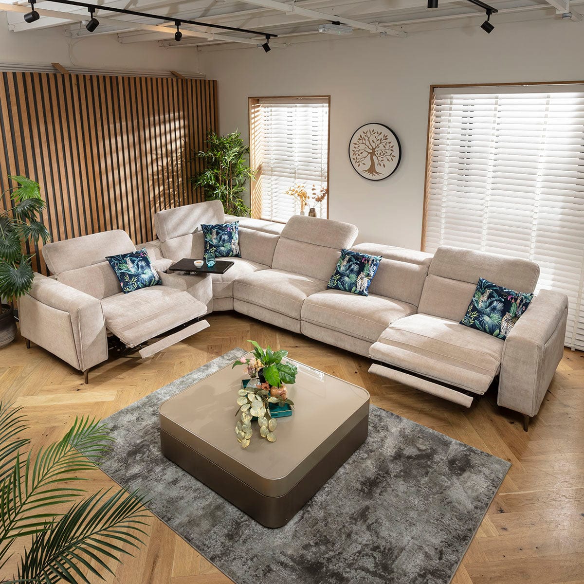 Canapé d'angle Florance 5 places avec 3 fauteuils inclinables et console de rangement, gris mastic, 391 x 260 cm