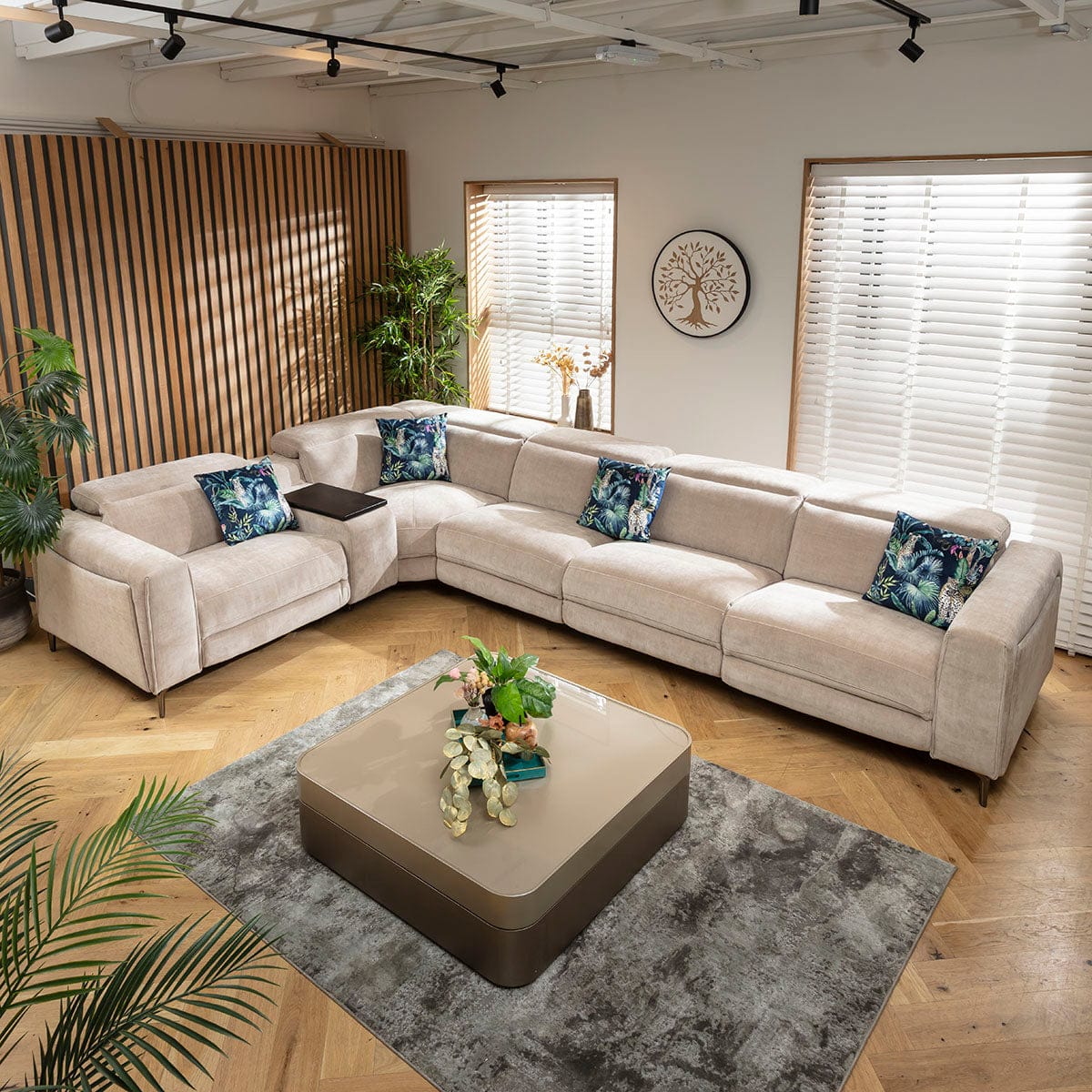 Canapé d'angle Florance 5 places avec 3 fauteuils inclinables et console de rangement, gris mastic, 391 x 260 cm