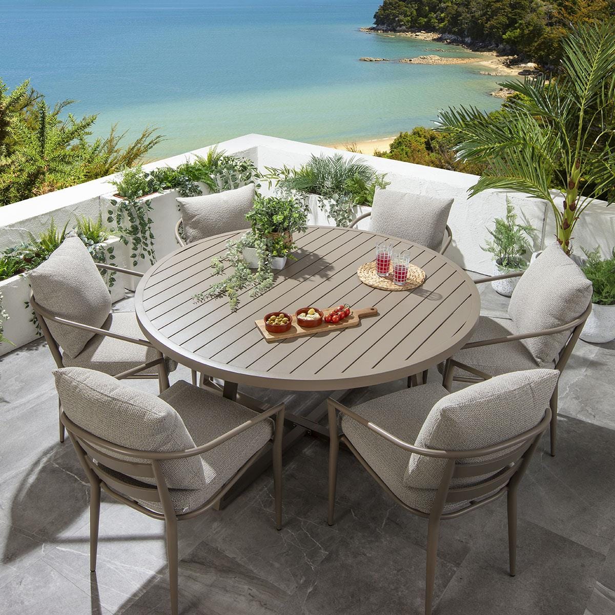 Ensemble de salle à manger de jardin rond 6 places Mia, aluminium crème et beige