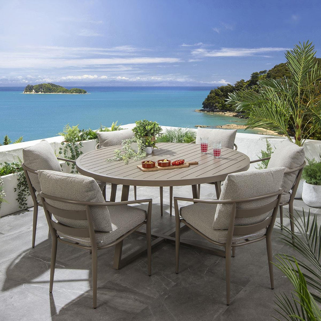 Ensemble de salle à manger de jardin rond 6 places Mia, aluminium crème et beige