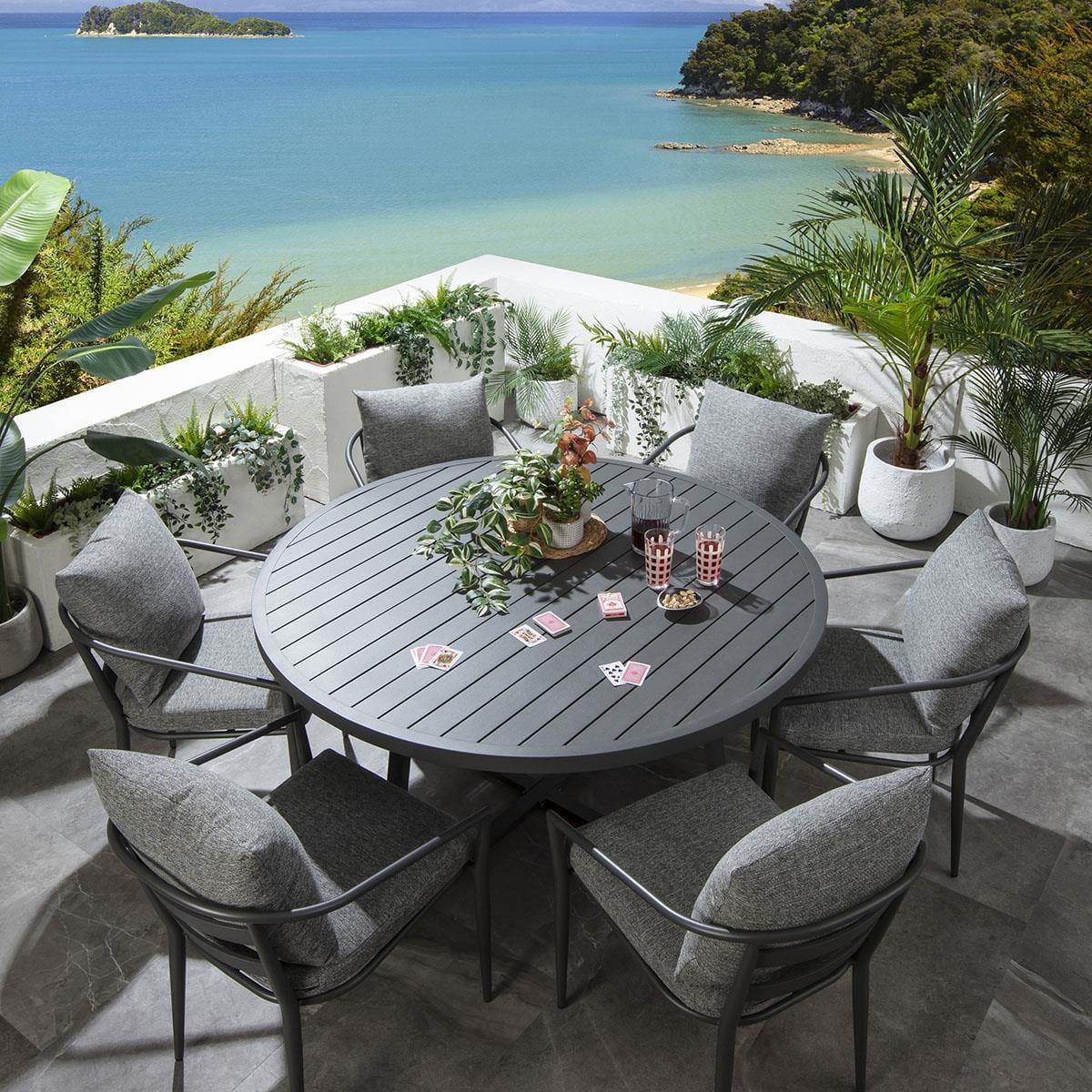 Ensemble de salle à manger de jardin rond 6 places Mia, gris aluminium