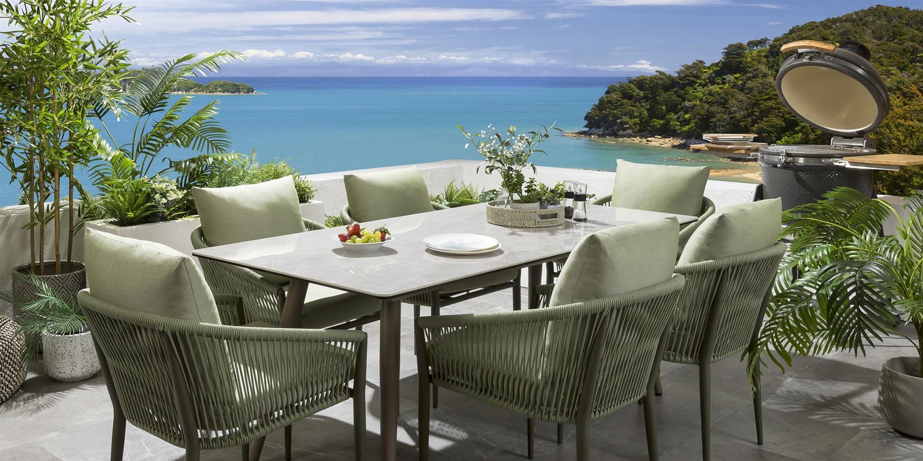 Ensemble de salle à manger de jardin Cole 6 places en céramique, vert et beige