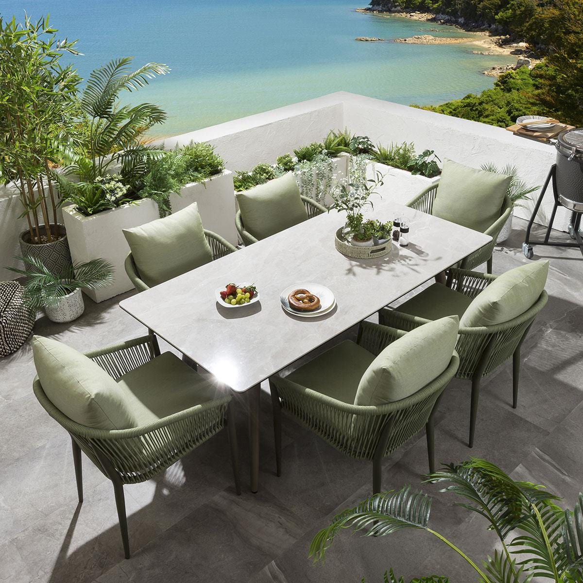 Ensemble de salle à manger de jardin Cole 6 places en céramique, vert et beige